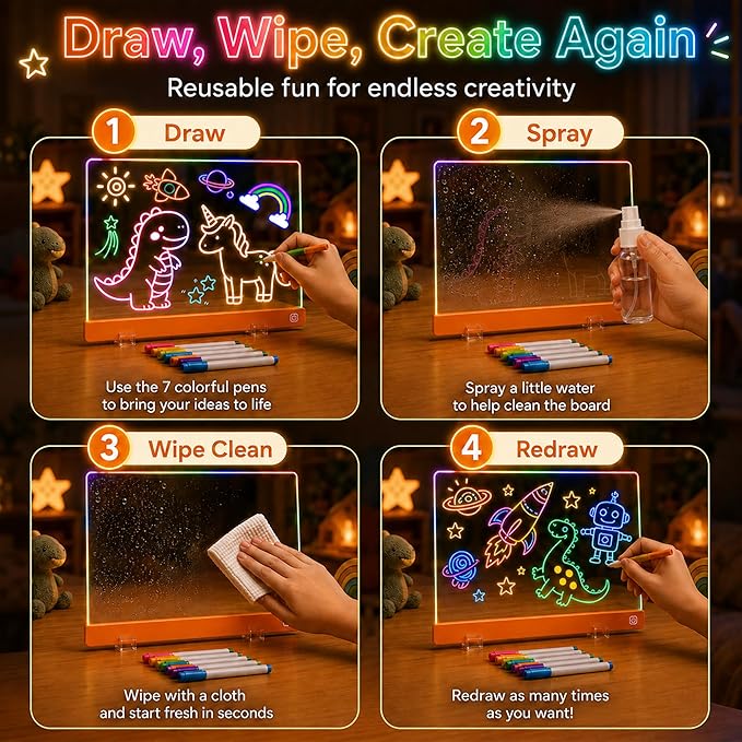 Magic LED Drawing Board / Dry Erase Glow Note Doodle Pad - Pens, Adapter &amp; Accessories / Gifts 2026 for Kids, Girls, LOVER SMS, Boys &amp; Teens